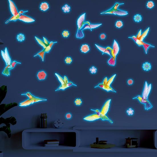 Glow in The Dark Wall Sticker, Hummingbirds Flowers Luminous Wall Decal, Waterproof Self Adhesive Sticker for Kids Room Nursery