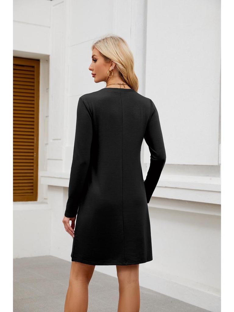 2024 Women's Casual Long Sleeve Slit Hem Dress with Round Neck