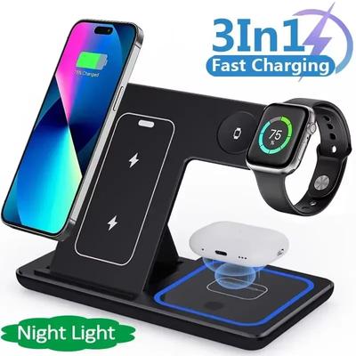 Foldable 3 In 1 Wireless Charger Stand Phone Earphone Watch Fast Charging Station Bracket for iPhone 8-16 iWatch Airpods