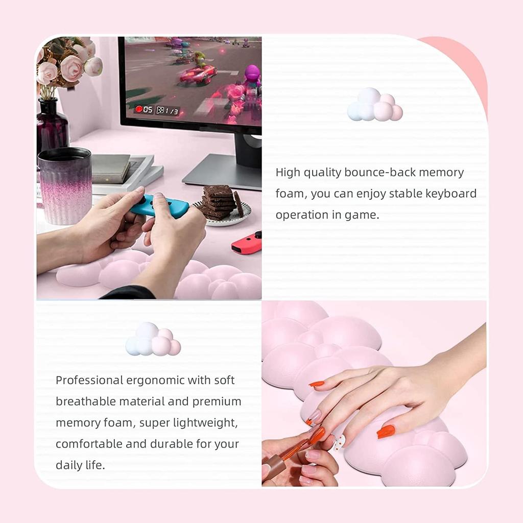 17 in Cloud Keyboard Wrist Rest, 3Pcs Mouse Pad Wrist Support Set with Ergonomic Memory Foam, Coaster Anti-Slip Base, Palm for Home Office Laptop