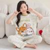 Girls Cotton Pajama Set Short Sleeve Long Pants Cartoon Print Sleepwear Kids Ages 4-12