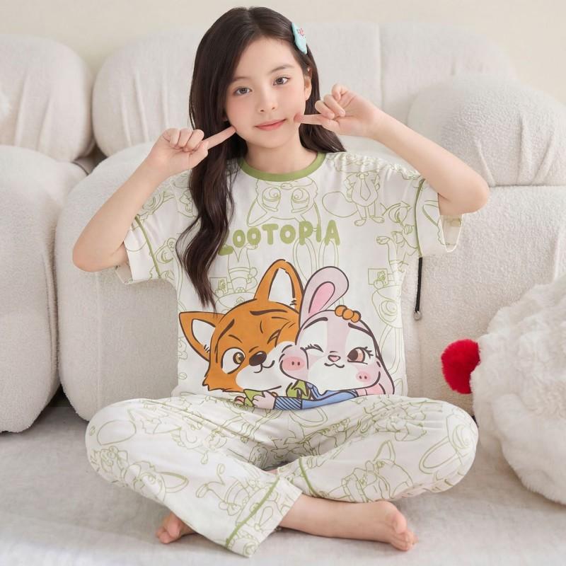 Girls Cotton Pajama Set Short Sleeve Long Pants Cartoon Print Sleepwear Kids Ages 4-12