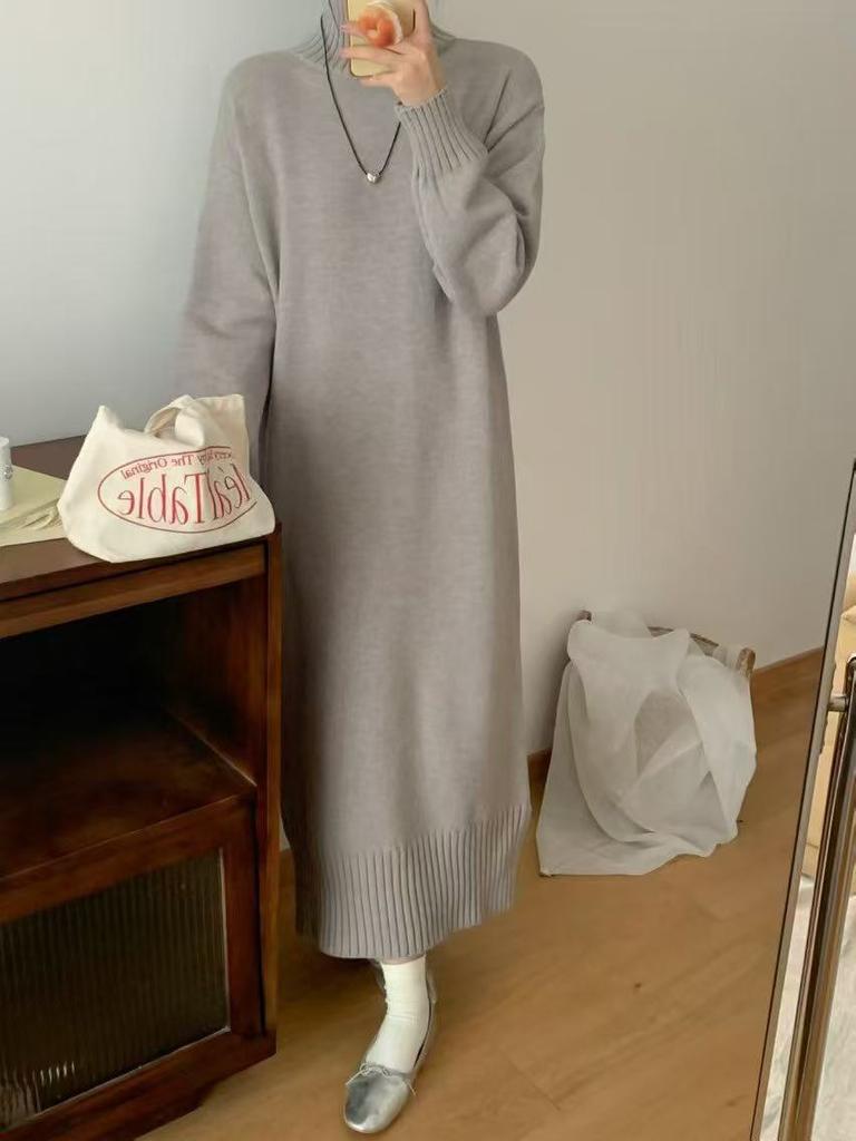 European and American new half-high neckline side slit loose lazy style long-sleeve thickened solid knit long skirt for women