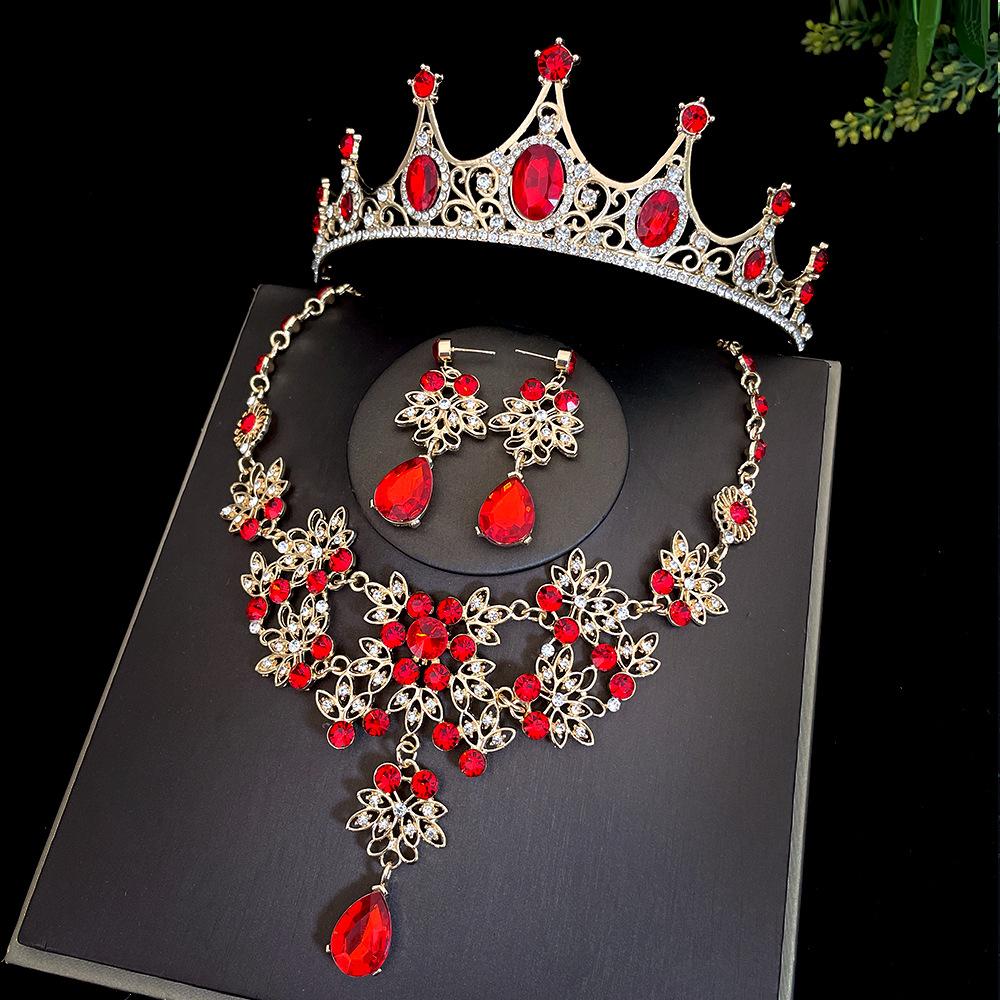Red Bride's Crown Three Piece Set Wedding Crown  Headwear  Necklace  Earrings Korean Style Super Fairy Wedding Dress Accessories