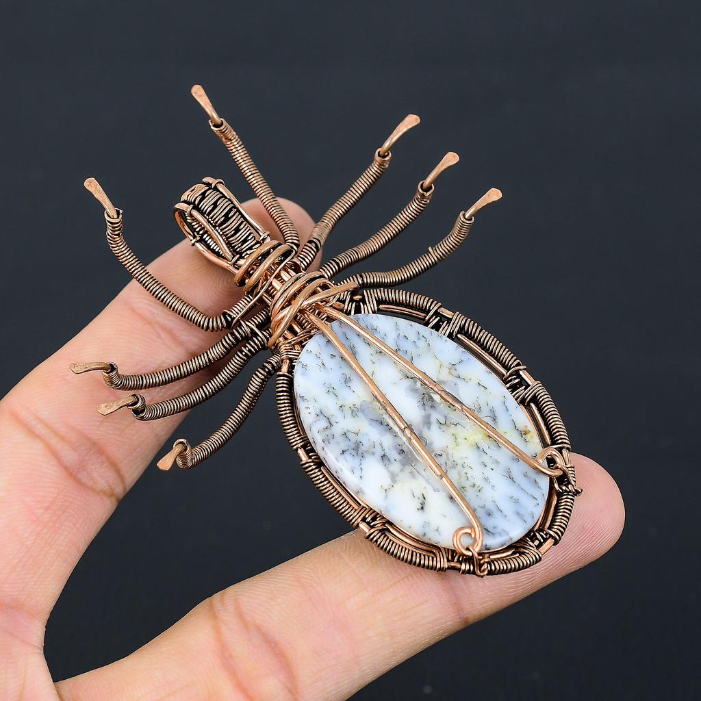 Natural Dendrite Opal Stone Handmade Copper Wire Wrap Spider Pendant 2.56" D2a77
