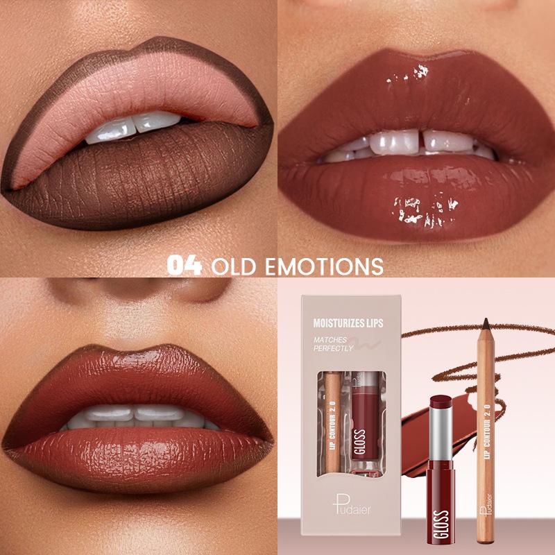 2 ks Sady kombinací tužky na rty, lesku na rty a rtěnky, efekt vodního světla s vysokým leskem, lesklá želé pevná rtěnka a matná konturovací tužka na rty pro konturovací make-up