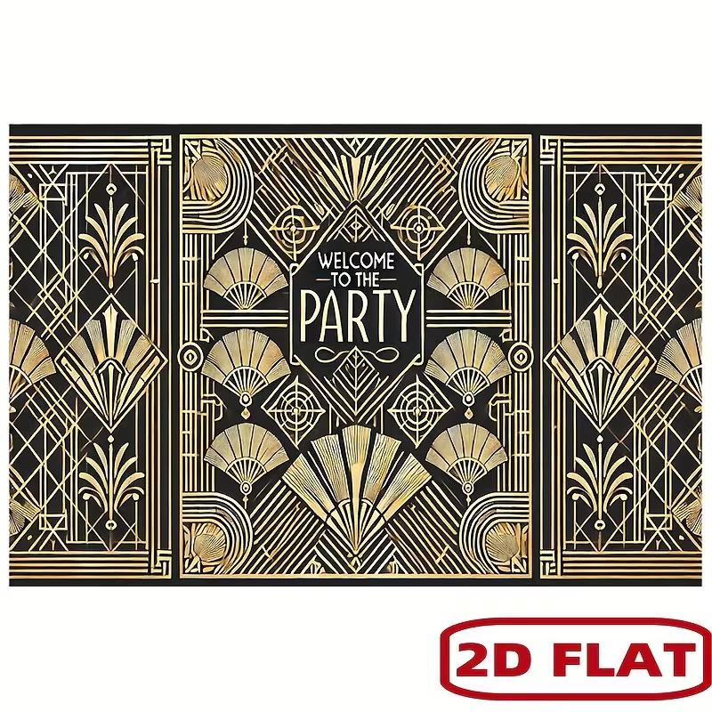 Roaring 20s Photo Booth Background, Black Gold Art Deco Welcome To The Party Backdrop for Speakeasy & New Year Events