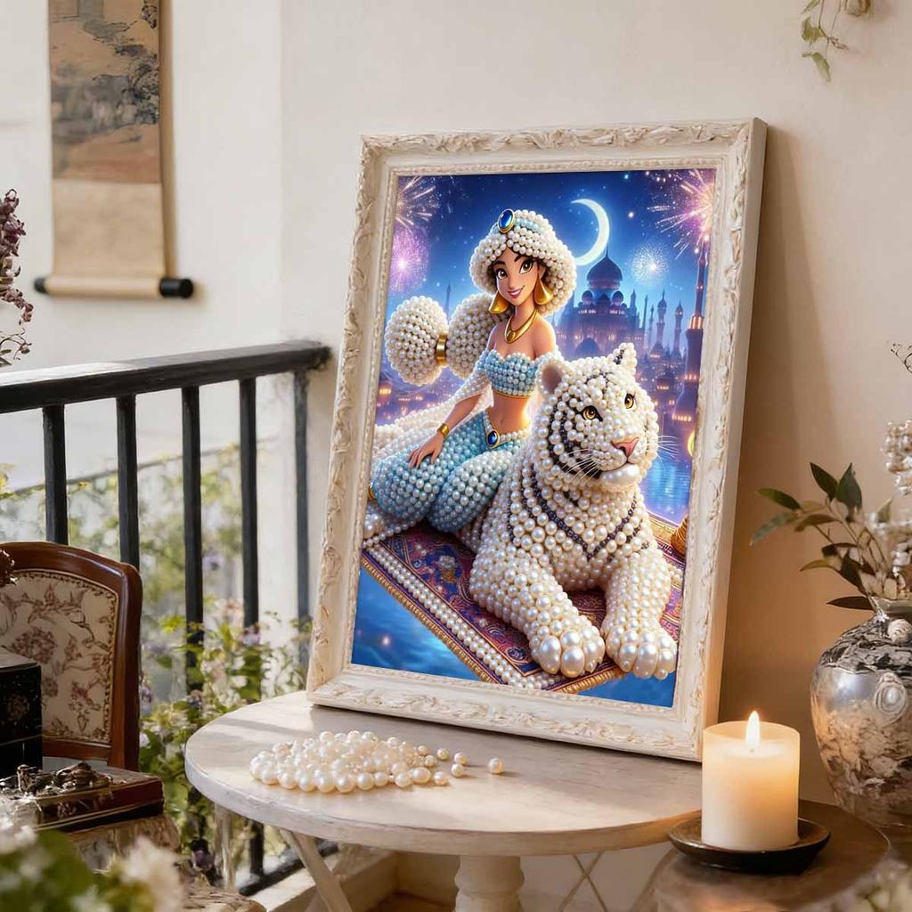 Jasmine Serie Perlmutt-Effekt Rahmenlose Kunst | Mondbeschienenes Schloss & Weißer Tiger Feuerwerk Exotische Atmosphärische Wandkunst für Zeitgenössische Wohnkultur