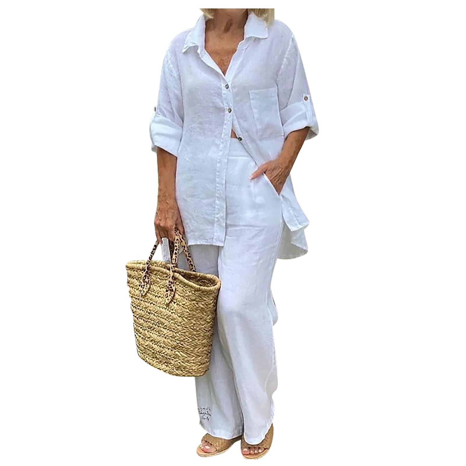 Модные женские повседневные однотонные рубашки с длинным рукавом из хлопка и льна — фото 8