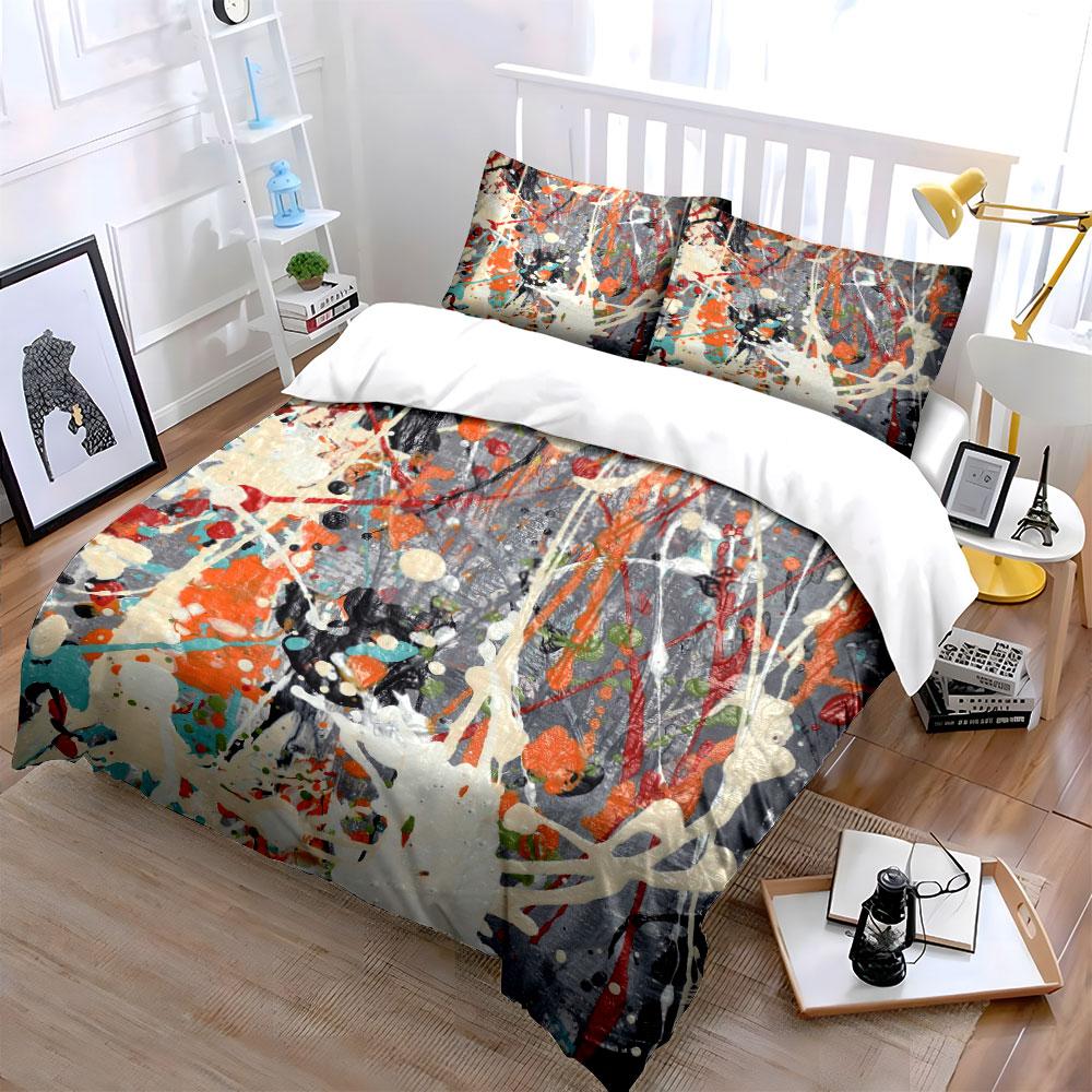 3Pcs Pollock Style Splatter Paint Bedding Set, Multicolor Abstract Print Duvet Cover + 2 Pillowcases, Modern Art Decor