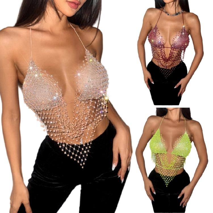 Women Shines Rhinestones Tank Top Halter Body Chain Fishnet Mesh Bra Crop Top Shirt for Night Club Party Raves Outfits