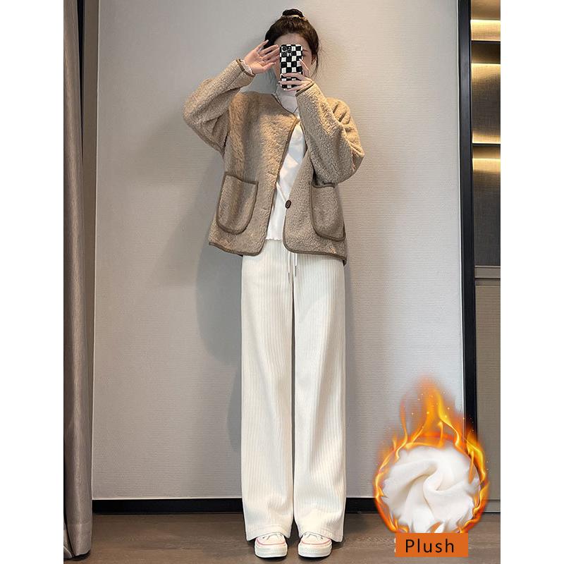 Autumn WInter Women's Corduroy High Waist Thickened Velvet Loose Casual Pants Women Plush Wide Leg Pants