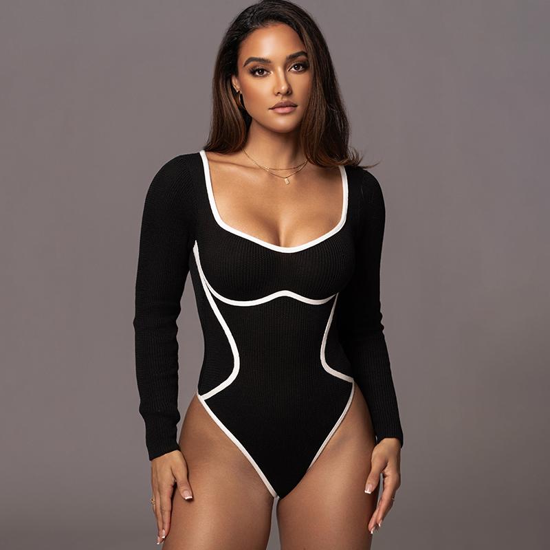 

Новый длинный рукав черный облегающий комбинезон с квадратным воротником женский модный сексуальный женский боди с принтом элегантный облегающий повседневный уличный стиль одежда 2273 L чёрный