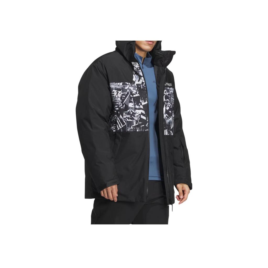 Adidas Patterned Print Hooded Down Jacket Men Outerwear Black IJ5970