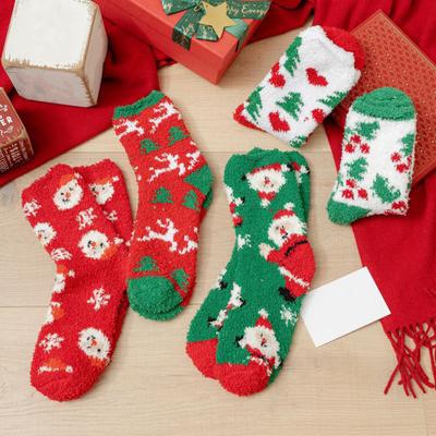 1 Pair Christmas Socks Snowmen Reindeer Santa Claus Bell Pattern Mid-tube Socks Coral Fleece Warm Thermal Socks