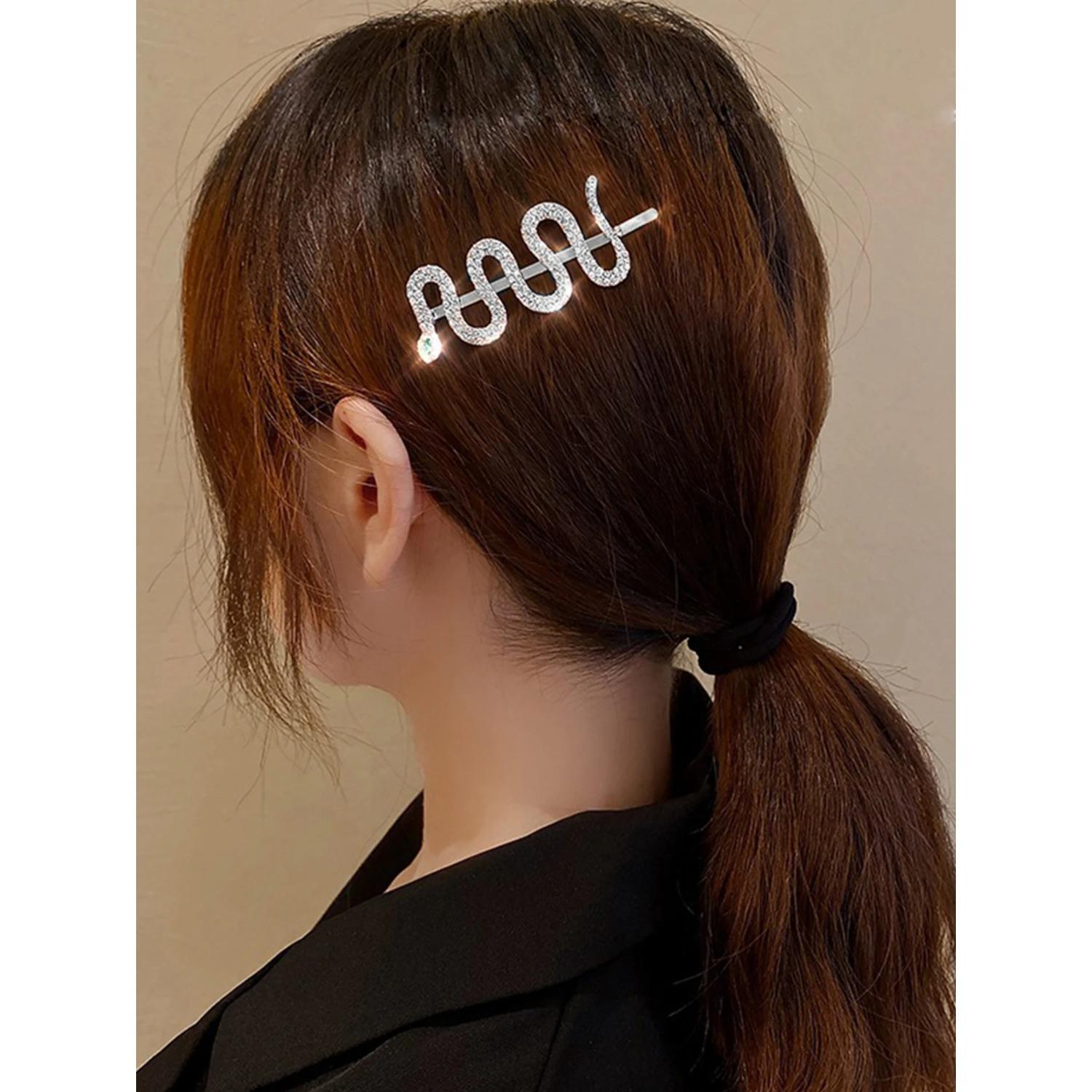 

2pc silver snake hair clips with metal rhinestones, stylish for daily use.