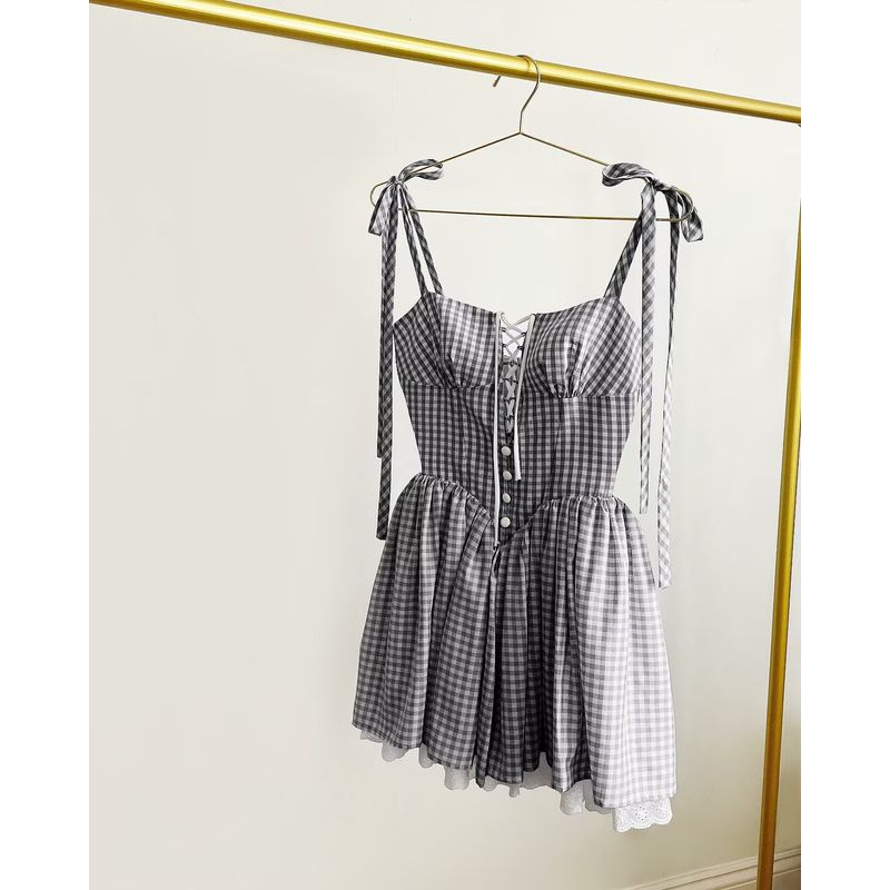 

Fresh Plaid Silm Sling Dress Lace Black and White Short S