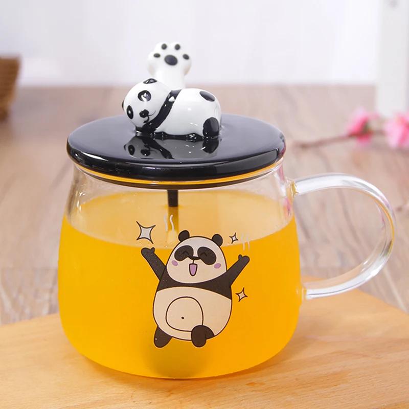 Cană de sticlă rezistentă la căldură creativă de 500 ml cu capac din sticlă borosilicată, cu desene animate de panda, cană de lapte pentru micul dejun și cafea pentru acasă