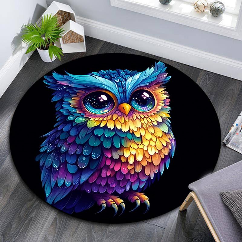 Owl Artwork Round Area Rug,Carpet Rug for Living Room Bedroom Sofa Playroom Decor,Non-slip Floor Mat