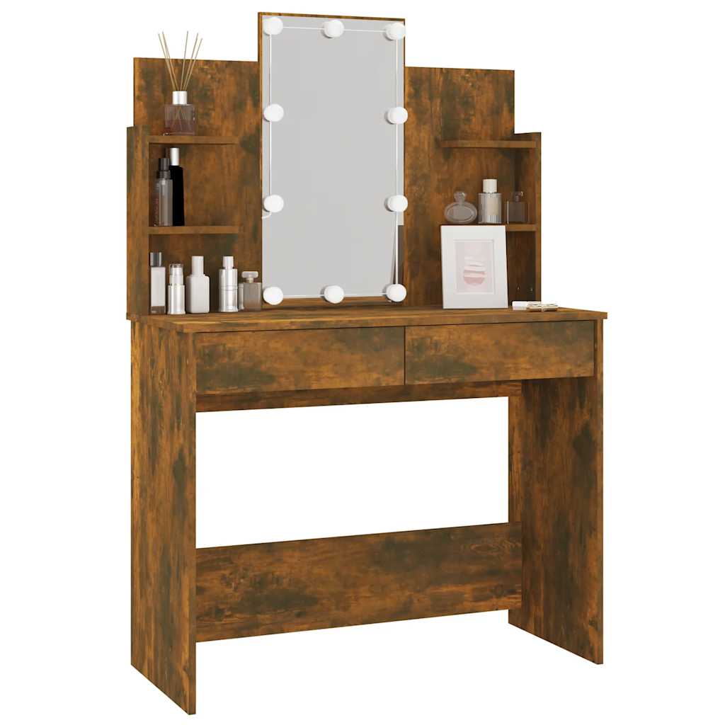 Makeup Table with LED Smoked Oak 96x40x142 cm