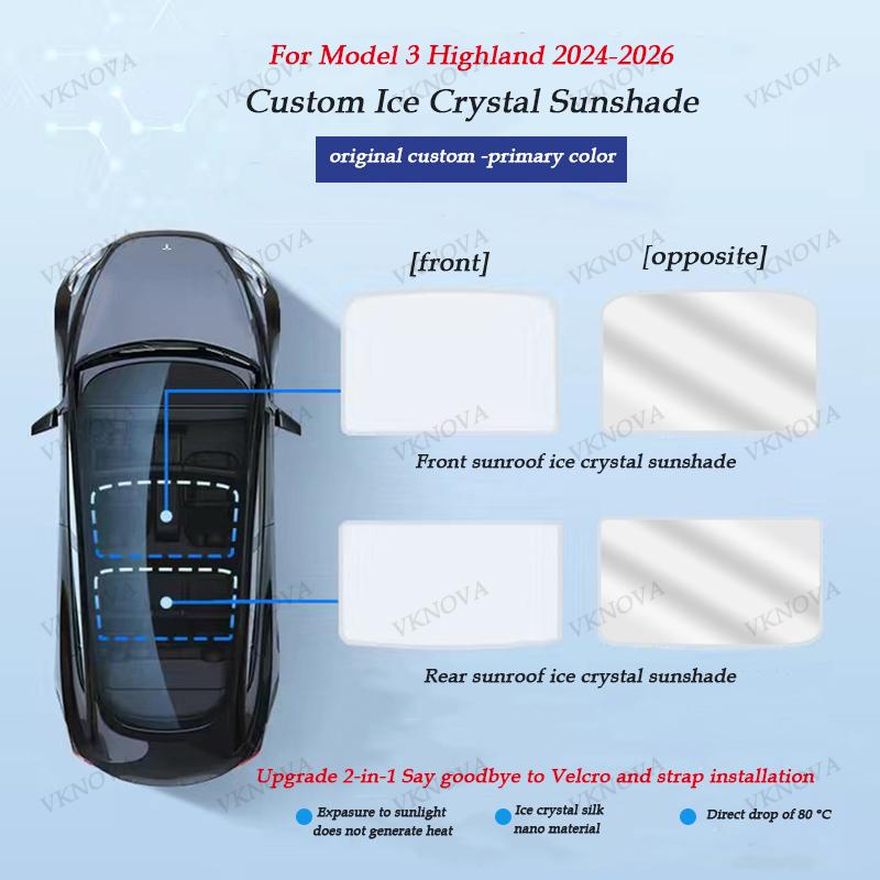 Sunshades For Tesla Model 3 Sunroof Highland 2025 Model Y 2020-26 Ice Cloth Buckle Sun Pare Glass Front Rear Skylight Accessory
