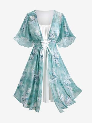 Φόρεμα Rosegal Plus Size Flower Tie Dye με στάμπα με δαντέλα 2 σε 1 σε γραμμή