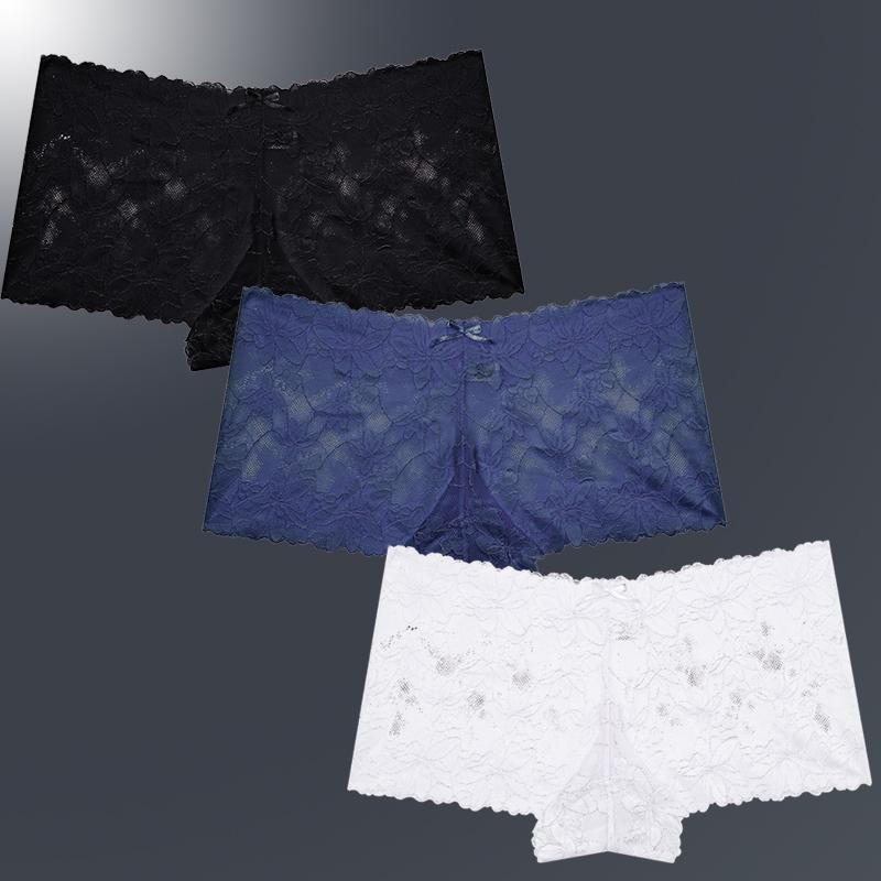 3ks/Sada Dámské Sexy Krajkové Kalhotky Průhledné Spodní Prádlo s Květinovými Listy V-Pas Boyshort pro Ženy Měkké Intimní Prádlo