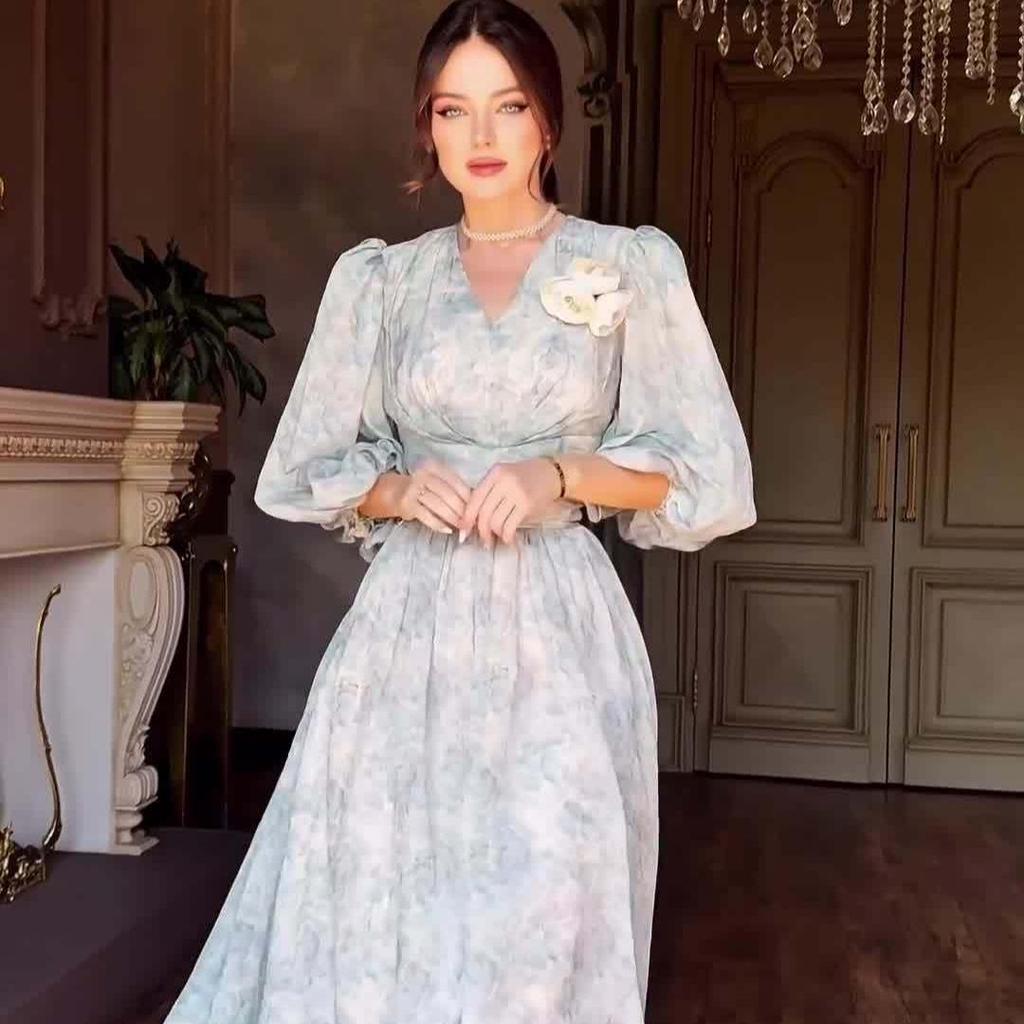 2024 Herbst Europäischer & Amerikanischer Damen Sanfter Stil Print Taillenbetontes Schlankmachendes Kleid