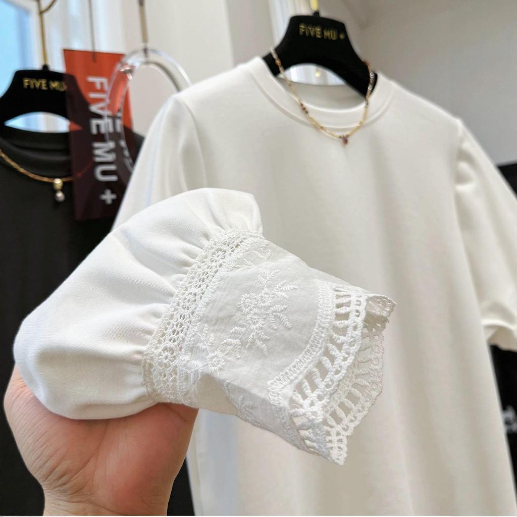 Korean Hollow Lace Patchwork Long Sleeve T-shirt - Women's Autumn/Winter Loose Style Base Layer