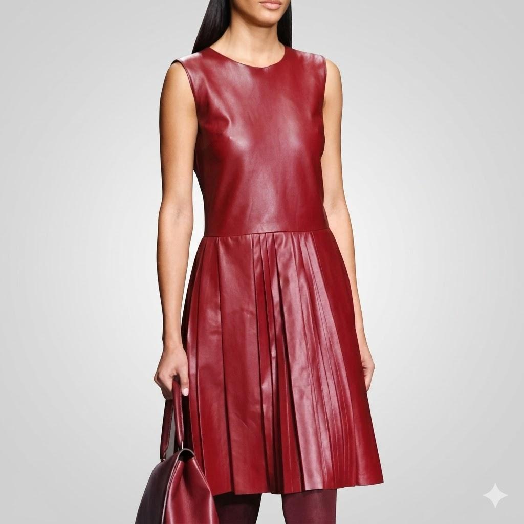 Stylish Party & Club Wear Real Lambskin Leather Dress Trendy Women's Burgundy