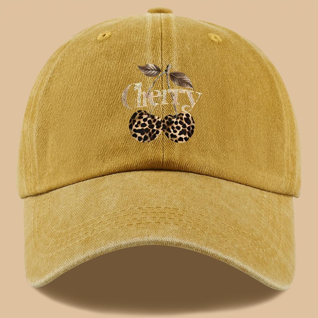 Leopard Print Baseball Cap Cherry Letters Unisex Daily Sun Hat Holiday or Birthday Gift for Cherry Enthusiasts