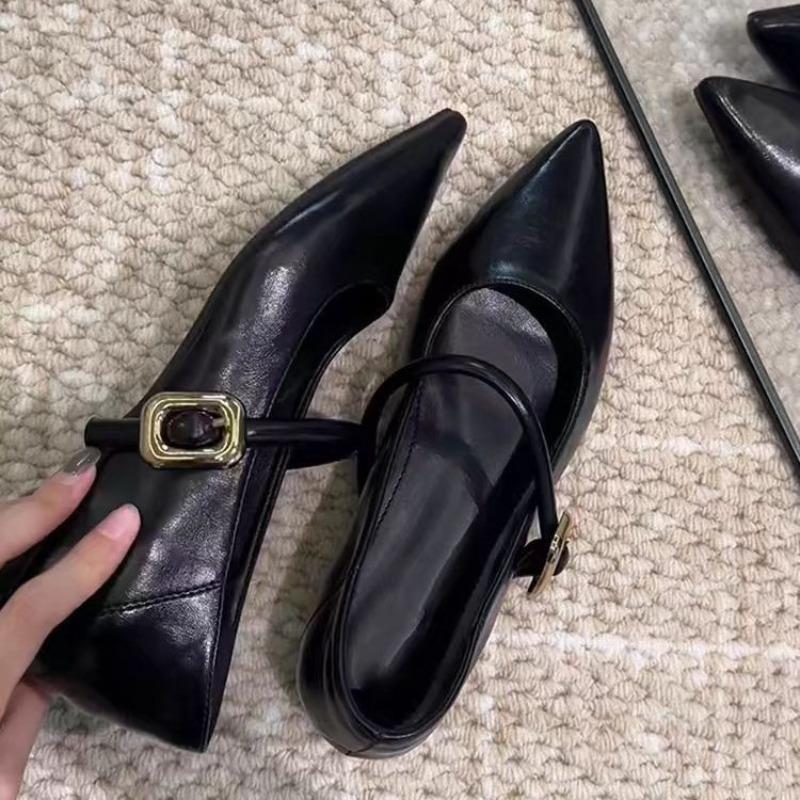Temperament Mary Jane shoes women's one-button commuter pointed low-heeled soft leather soft-soled single shoes