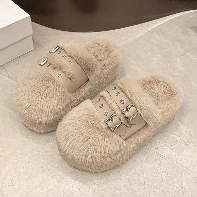 Small thick-soled fluffy slippers for women to wear 2025 autumn and winter new Internet celebrity explosion heightening belt buckle cotton slippers