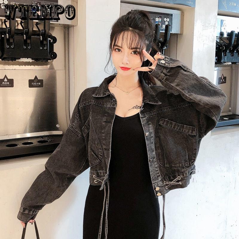 Spring and Autumn Denim Short Jacket Female Students Korean Version of Loose Lacing Hong Kong Style All Metch Tops