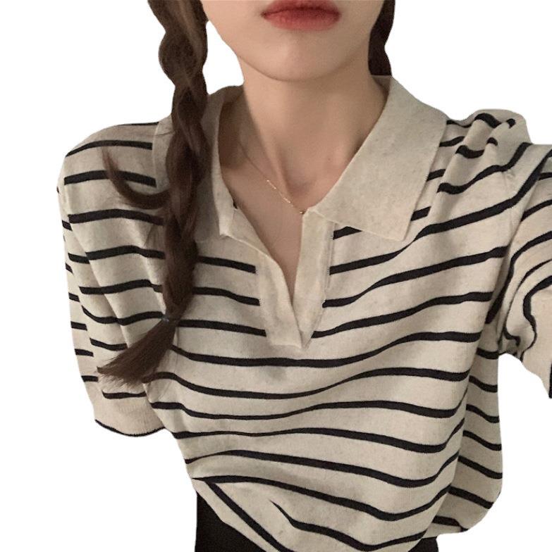 Women's Knitted Ice Silk Striped V-Neck Short Sleeve T-Shirt, Hong Kong Style, Summer 2025 Korean Fashion
