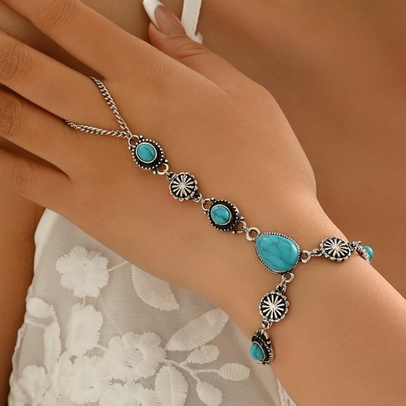 Vintage Ethnic Summer Bohemian Design Bracelet for Women Trendy Oval Cracked Imitation Turquoise Chain Ring Party Jewelry