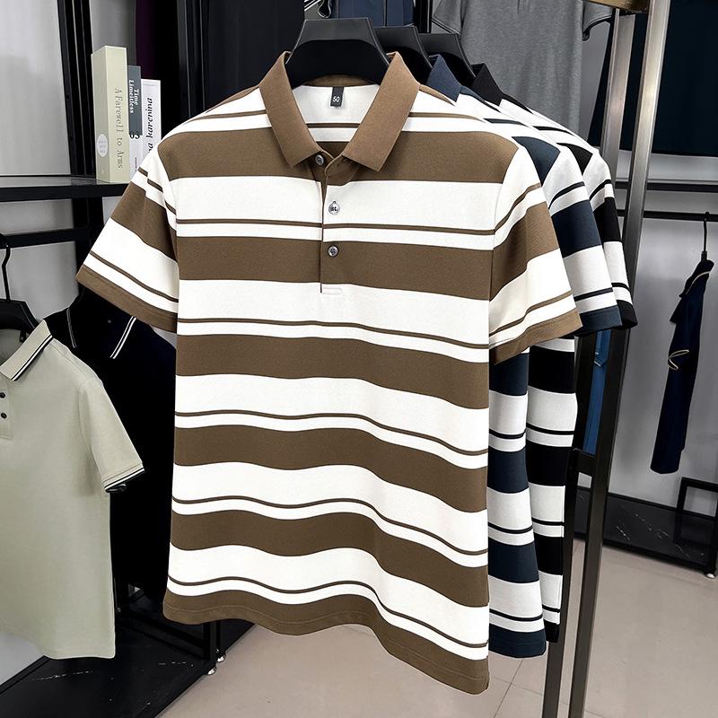 Popular Striped Men'S Summer Short-Sleeved Lapel T-Shirt Polo Shirt Middle-Aged And Elderly Casual Plaid Base