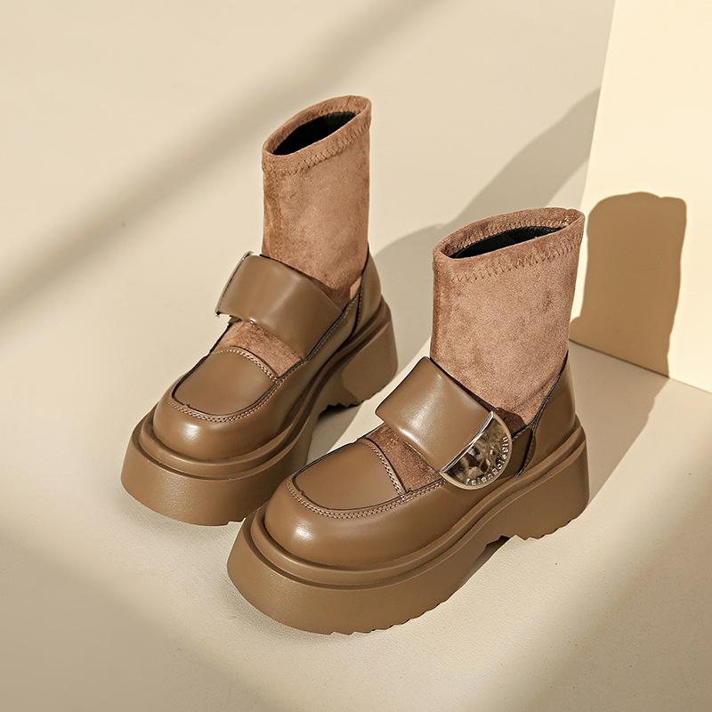 

Retro thick-soled round head Korean version elastic fashion boots women s 2025 autumn new British style thin short socks boots 40 хаки