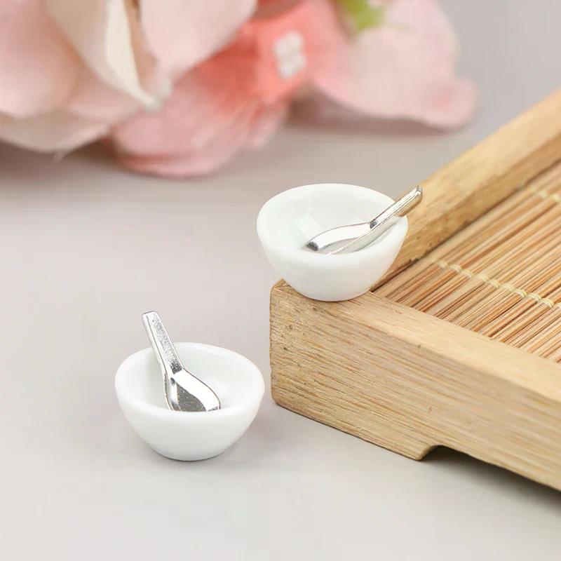 4pcs/set 1:12 Dollhouse Miniature Mini Ceramic Bowl Soup Spoon Model Toys