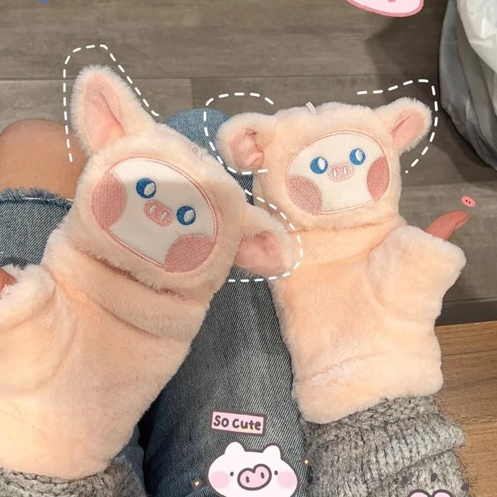 Korean Version of Cute Cartoon Flip Gloves for Women In Winter Warmth Plus Velvet Thickened Half Finger Exposed Finger Windproof Riding Gloves