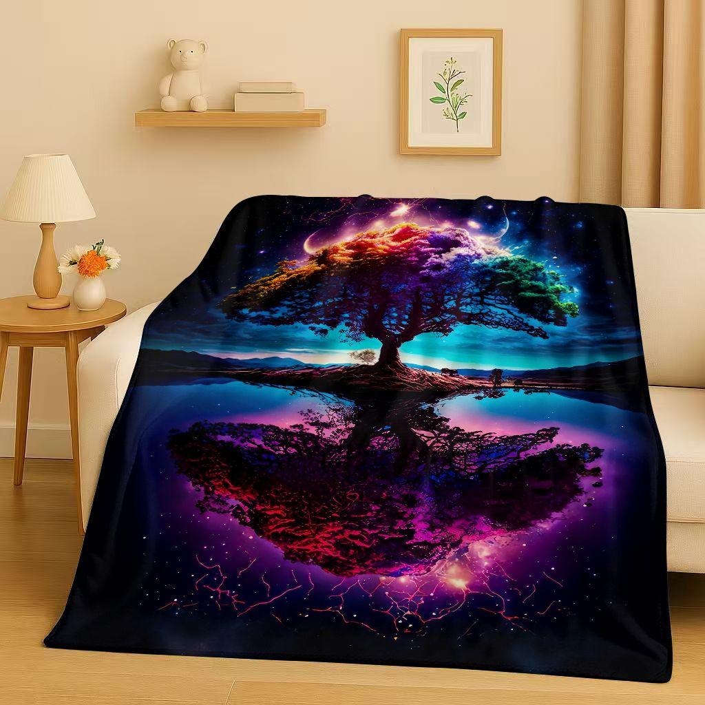 Retro Kleurrijke Levensboom Yggdrasil Keltisch Runen Flanellen Deken, Ultra Zachte Pluche Plaid voor Huis Slaapkamer Bed Bank Cover Kinderen