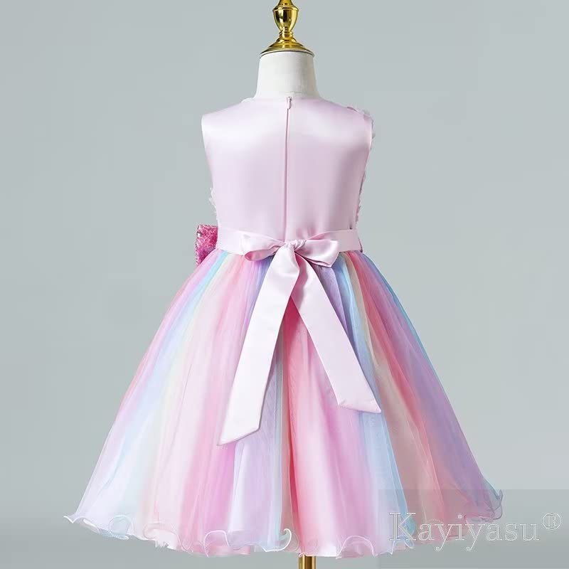 Kayiyasu Rainbow Sequin Bow Floral Round Perfect for Piano Kindergarten Entrance and Ages Rainbow Pink Girls' Dress, Neck, Recitals, Ceremonies,