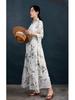 Mountain Spirit Sheer Flowy Tie-Waist Long Dress with Irregular Neckline, Women's Ramie Tea Dress