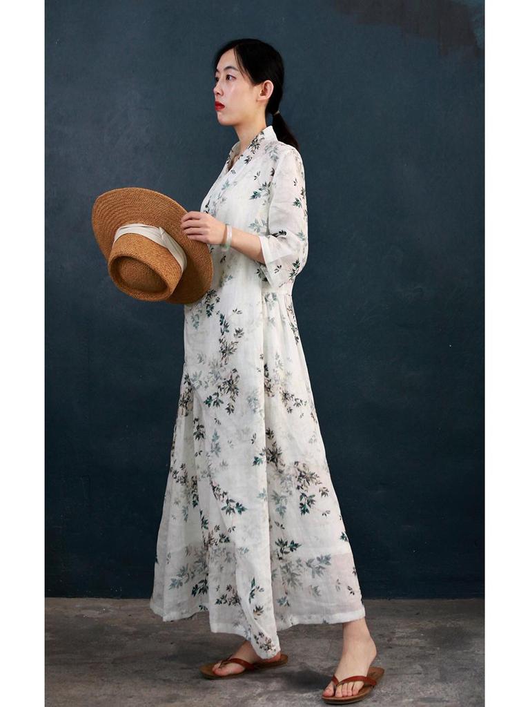 Mountain Spirit Sheer Flowy Tie-Waist Long Dress with Irregular Neckline, Women's Ramie Tea Dress