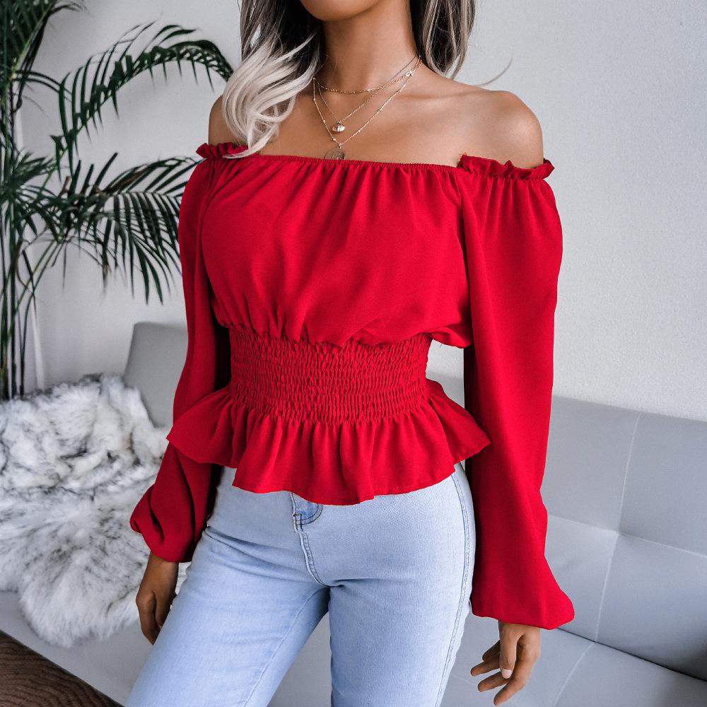 DAFIFY Women's Fashion Casual Solid Color Print Fall Winter Long Sleeve One Shoulder Pullovers & Long Sleeves