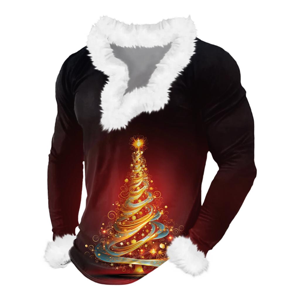 Męska bluza z kapturem z nadrukiem świątecznym, podszyta polarem | Sweter imprezowy z imitacją obszycia i kieszenią | Duży rozmiar, luźny krój, świąteczny pulower