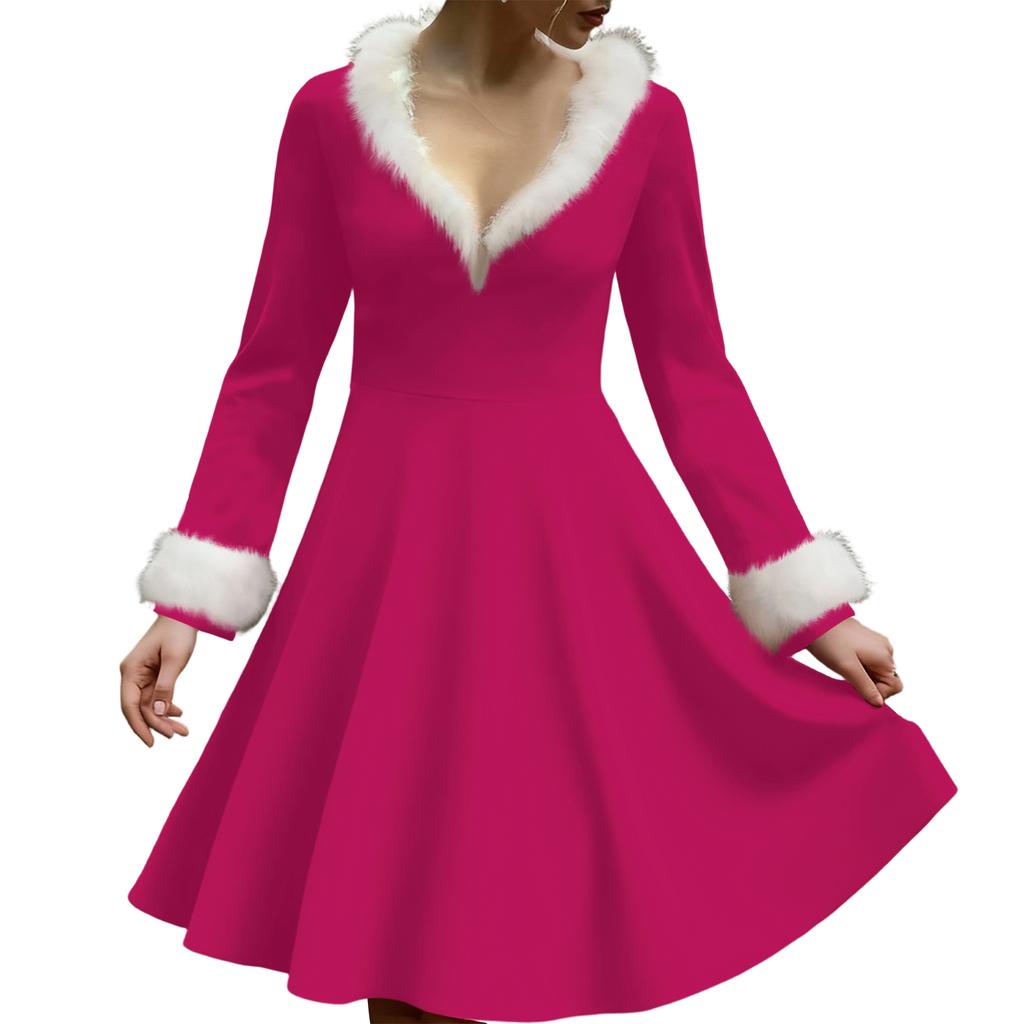Women's Casual V-neck Christmas Print Plush Long-Sleeve Casual Dress
