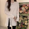 White Slit Long-sleeved T-shirt for Women In Early Autumn New Style Medium-length Loose Flesh-covering Letters Western Style Unique and Chic Top