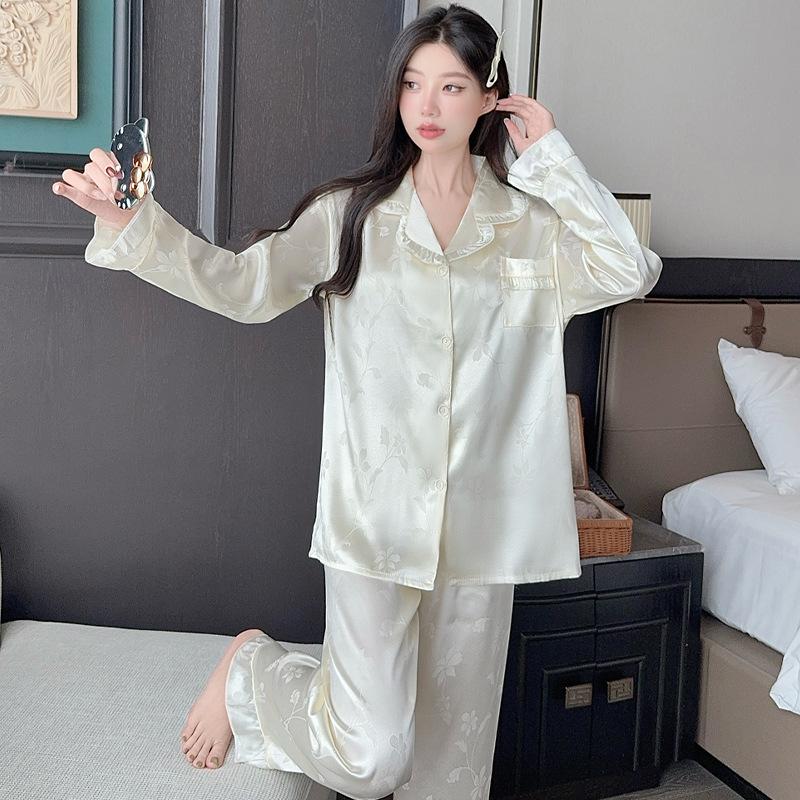 High-End Jacquard Lotus Leaf Edge Design Ice Silk Pajamas Women'S Long-Sleeved Loungewear Two-Piece Set
