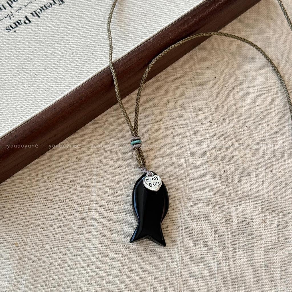 Damen Y2K Tigerauge Stein Fisch Anhänger Halskette - Leichter Luxus Lange Kette Accessoire